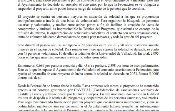 La Federación de Asociaciones Vecinales Antonio Machado suspende el proyecto “Buena Vecindad” por falta de recursos económicos