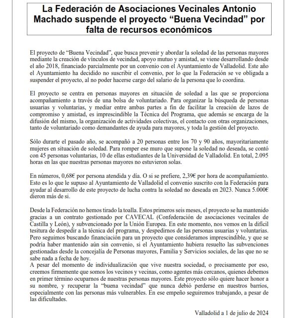 La Federación de Asociaciones Vecinales Antonio Machado suspende el proyecto “Buena Vecindad” por falta de recursos económicos