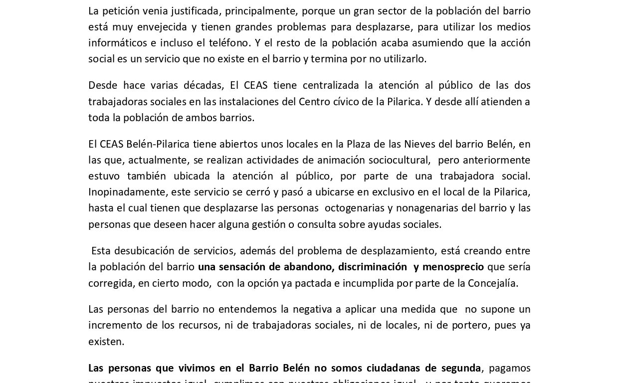 LOS VECINOS DEL BARRIO BELEN “PROFUNDAMENTE DECEPCIONADOS” CON LA CONCEJALÍA DE SERVICIOS SOCIALES DEL AYUNTAMIENTO.